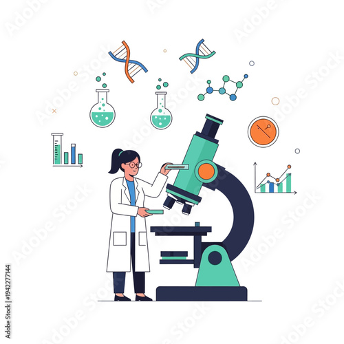 Scientist examining DNA with microscope, scientific research and discovery concept