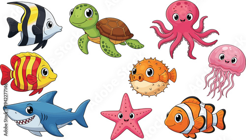 Cute Cartoon Ocean Animals Vector Set with Shark, Turtle, Octopus, Jellyfish, Starfish, Puffer Fish and Tropical Fish Illustration.