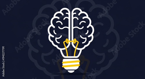 Conceptual illustration featuring a glowing lightbulb embedded in a human brain outline, representing the essence of creativity, innovation, and the birth of bright ideas