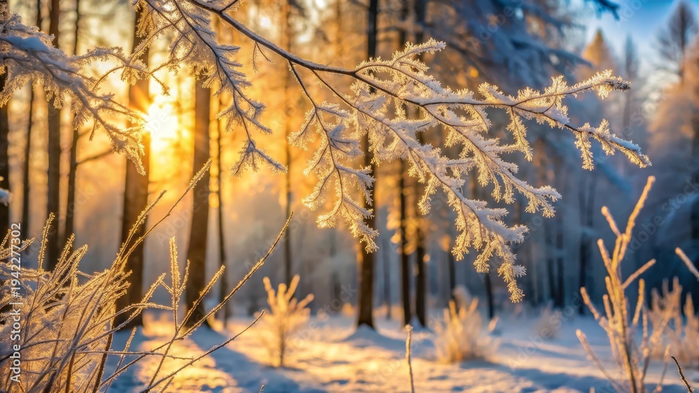 Obraz premium Golden Hour Frost A Winter Wonderland Scene of Icy Branches and Sunlit Snow