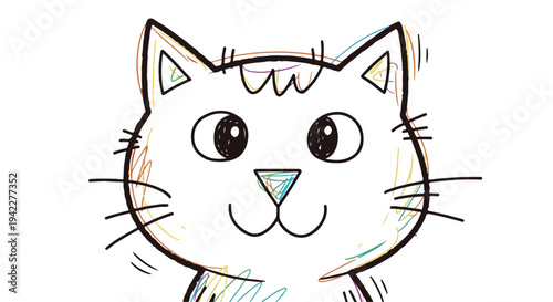 WeCute cat illustration in kids messy drawing style, imperfect child handwriting lines, uneven strokes, playful doodle look, simple shapes, naive art, hand-drawn feelb