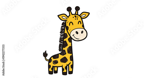 Happy giraffe drawn by child style, messy imperfect lines, hand-drawn kids doodle, simple cartoon animal illustration