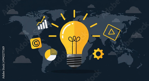 World Intellectual Property Day Ideas A Bright Lightbulb Concept Illuminating Worldwide Innovation, Business Growth, and Creative Solutions Against a World Map Backdrop with Diverse Icons