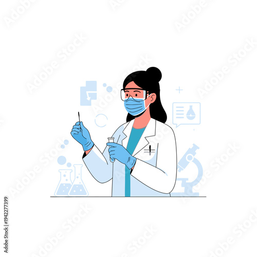 Scientist in Lab Coat and Mask Conducting Research with Test Tube and Swab