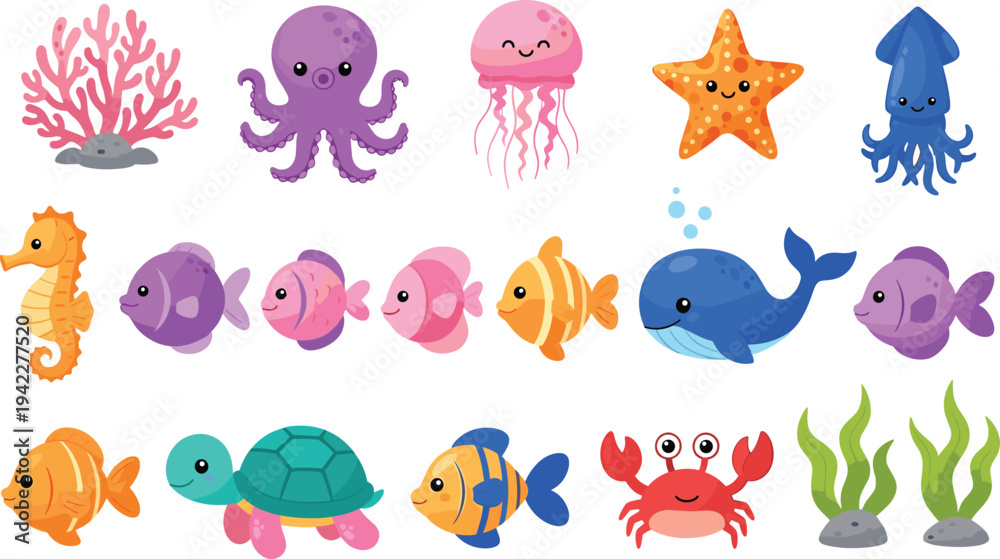 Obraz premium Cute Cartoon Sea Animals Vector Set with Octopus, Jellyfish, Starfish, Whale, Turtle, Crab and Tropical Fish for Kids Ocean Illustration.