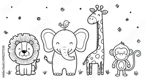 Black and white vector illustration of cute animals in kids messy drawing style, multiple characters in one frame, Adobe Illustrator compatible, hand-drawn imperfect child-like line art, uneven stroke