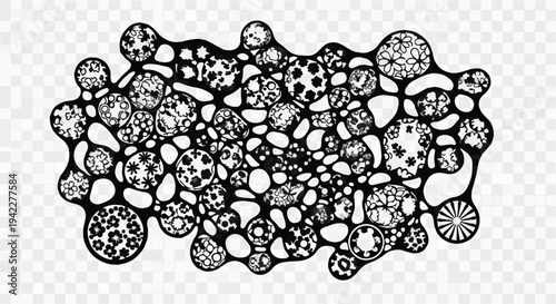 An intricate, abstract cluster of dense, black and white organic shapes features varied internal patterns resembling microscopic views or cellular structures.