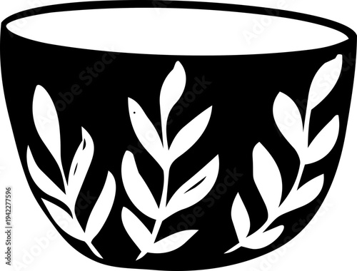 Elegant Decorative Bowl Vector with Leaf Pattern. Modern Minimalist Kitchenware & Home Decor Graphic Design Element