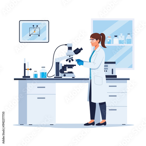 Scientist in lab coat using microscope, conducting research in modern laboratory