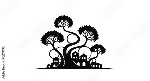 Tree village illustration features a whimsical black silhouette of intertwined trees with stylized buildings nestled within their flowing branches, creating an enchanting and harmonious vision of.
