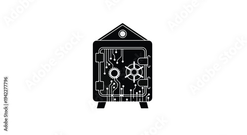 Digital safe deposit box with integrated circuit board details representing cyber security and data protection shown isolated on a solid white background for editorial technology visuals.