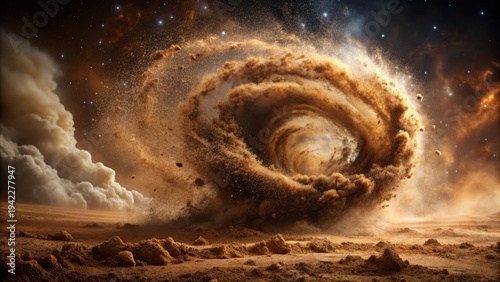 A swirling vortex of sand particles against a cosmic backdrop, a celestial dance of dust and stardust, a mesmerizing spectacle of nature's raw power in a desolate landscape