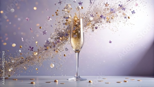 Festive Sparkling Celebration Champagne Flute Surrounded by a Whimsical Burst of Golden and Lavender Confetti and Glitter.