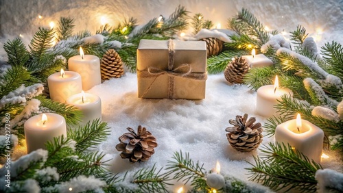 A Rustic Winter Scene Featuring a Gift, Candles, and Pine Cones Nestled in Snow-Covered Evergreen Branches with Soft Glowing Lights