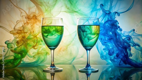 Abstract Fluid Art Two Goblets with Swirling Hues of Teal and Emerald Green Against a Background of Vibrant Color Clouds