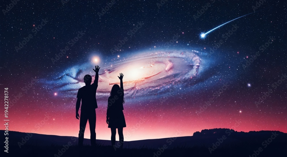 Fototapeta premium Young couple silhouettes reaching for a glowing spiral galaxy spiritual cosmic connection