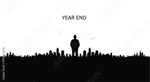 Reflective black silhouette illustration of a solitary person standing with their back to the viewer, observing a distant city skyline under the prominent 'YEAR END' text, symbolizing contemplation.
