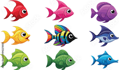 Bright Colorful Tropical Fish Cartoon Vector Set with Cute Aquarium Fish Characters for Ocean Wildlife Illustration and Underwater Marine Design.