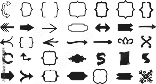 Hand drawn black arrows, decorative vintage frames, curly brackets, scroll banners, silhouette ornamental borders, sketch pointers, divider elements.
