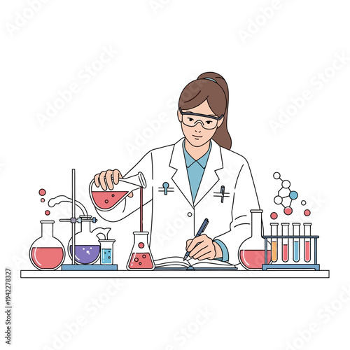 Scientist pouring liquid into flask while taking notes in laboratory, science research concept