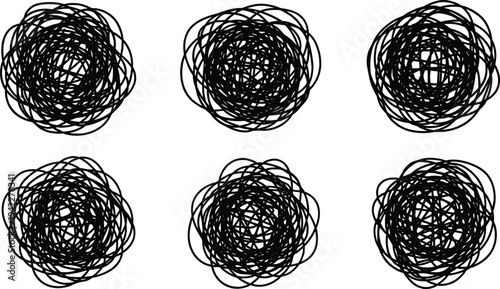 Hand drawn black scribble circles, messy ink line tangles, chaotic doodle balls, abstract round sketch elements, circular knot silhouettes