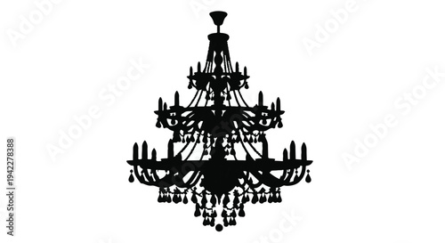 Elegant black silhouette of a large tiered crystal chandelier hangs dramatically, suggesting luxury interior lighting fixtures.