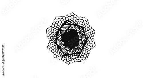 Abstract geometric pattern shows spiraling concentric layers of honeycomb carbon structures, suggesting nanotechnology or chemistry.