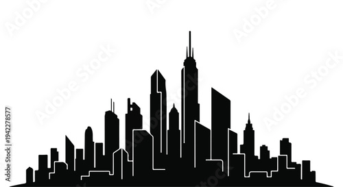 Black silhouette of a towering metropolitan skyline featuring varied skyscraper heights against a stark white background.