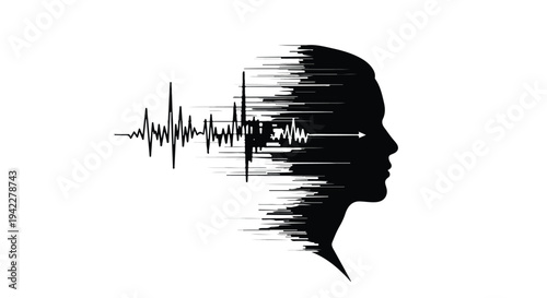 Silhouette profile of a human head merges with a dynamic sound wave or heartbeat visualization, suggesting audio processing or mental activity.