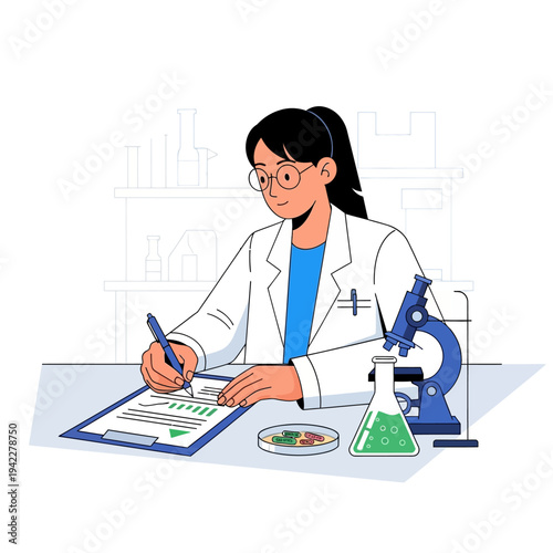 Scientist working in laboratory with microscope and flask, writing notes