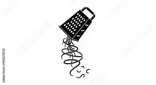 Black and white drawing depicts a metal cheese grater tilting downwards, releasing stylized, curly shreds of food material onto an empty white space.