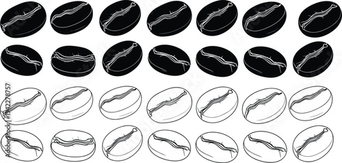 Coffee Beans Set in Black and Outline Style Isolated on Light Background, Roasted Coffee Bean Collection Illustration for Cafe, Beverage Branding Design