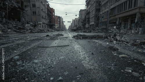 Wallpaper Mural Devastated urban street with rubble and destroyed buildings, bleak atmosphere Torontodigital.ca