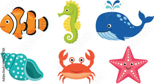 Cute Ocean Sea Animals Cartoon Vector Set with Clownfish, Seahorse, Whale, Crab, Starfish and Shell for Kids Marine Illustration Design.