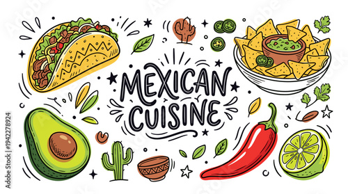 Vibrant Mexican cuisine doodle collage with tacos, nachos and chili pepper for authentic restaurant menu and food festival promotion concept