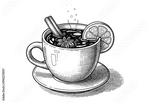 Vintage engraving of a steaming mug of mulled wine with cinnamon stick and orange slice for cozy winter beverage and holiday menu concept