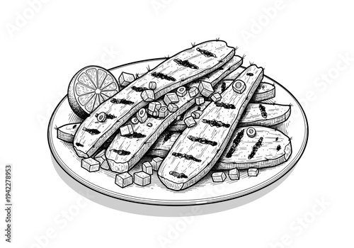 Detailed hand drawn sketch of grilled nopal cactus pads served with lime on a plate for Mexican cuisine and healthy exotic food concept