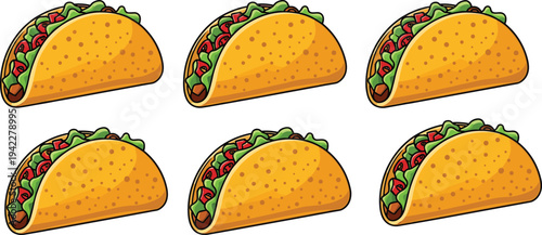 Mexican Taco Food Set with Crunchy Shell, Meat, Lettuce and Tomato Filling Illustration Isolated on Light Background, Street Food Fast Food Design