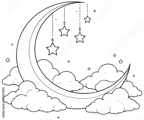 Cute Crescent Moon, Clouds, and Hanging Stars Coloring Page