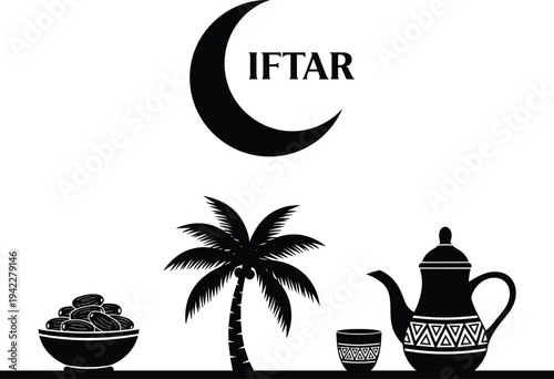 Ramadan Iftar Concept with Crescent Moon, Dates Bowl, Palm Tree and Traditional Tea Pot Silhouette Isolated on Light Background, Islamic Festival Illustration