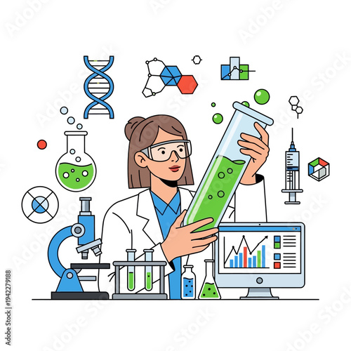 Scientist working in laboratory with test tubes, microscope, DNA and molecules