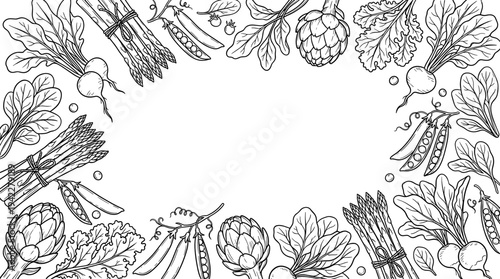 Intricate doodle frame of spring vegetables including asparagus, radish, and peas for organic gardening and fresh harvest design concept
