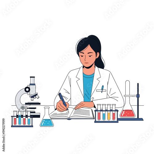 Scientist working in laboratory, writing notes, surrounded by equipment and test tubes.