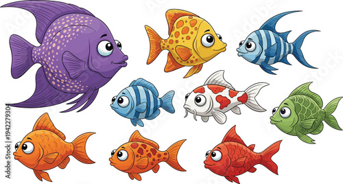 Cute Cartoon Aquarium Fish Vector Set with Colorful Tropical Fish Characters for Ocean Wildlife Illustration, Marine Life Graphics and Underwater Design.