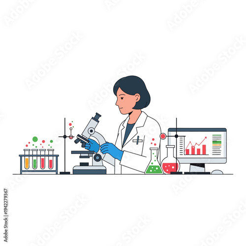 Scientist working with microscope and colorful test tubes in a modern laboratory