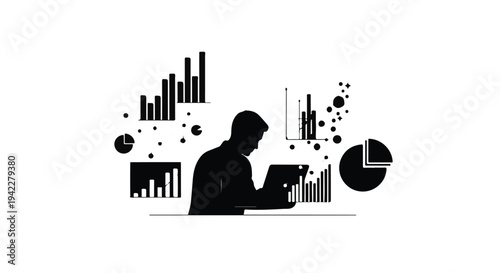 Silhouette of a professional man intently analyzing floating bar charts and pie graphs with a digital device in a dark, abstract data visualization environment.