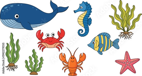 Ocean Sea Animals and Underwater Plants Vector Set with Whale, Seahorse, Crab, Lobster, Starfish, Fish and Seaweed Illustration.