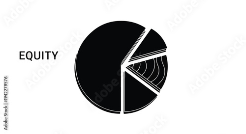 A black and white pie chart visually represents the financial concept of equity with one large segment dominating several smaller, textured slivers.
