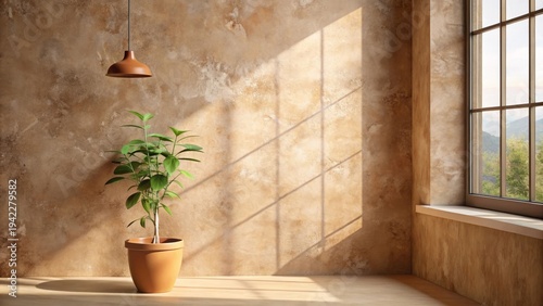 Serene Indoor Scene Sunlight Illuminates a Potted Plant and Rustic Wall, Casting Gentle Shadows on a Light Wooden Floor Near a Window