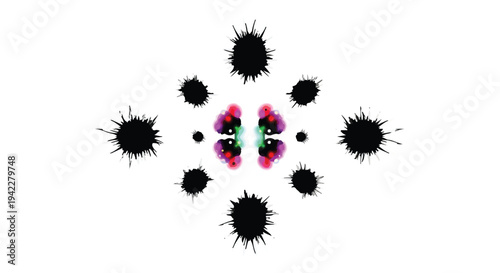 Symmetrical Rorschach-style inkblot features textured black splatters surrounding a vibrant core of magenta, cyan, and green watercolor gradients.